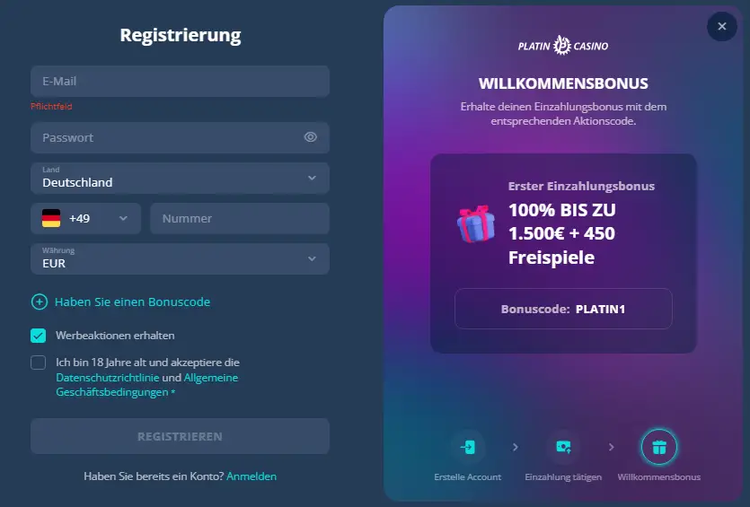 PlatinCasino Anmeldeformular